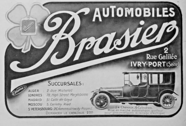 Publicité De Presse 1914 Automobiles Brasier 24 Chevaux 6 Cylindres - E.besson