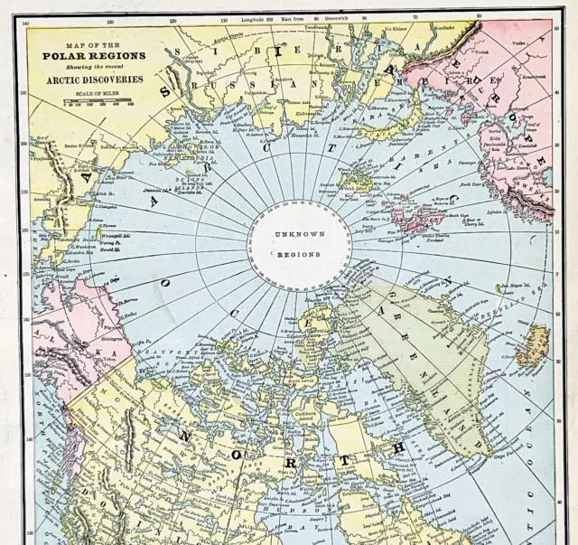ARCTIC POLAR REGION Map 1889 ORIGINAL Recent Discoveries Expeditions CRAM ATLAS