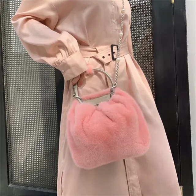 Women Ring Style Handle Handbag Full-pelt Mink Fur Clutch Bags / Shoulder Bags