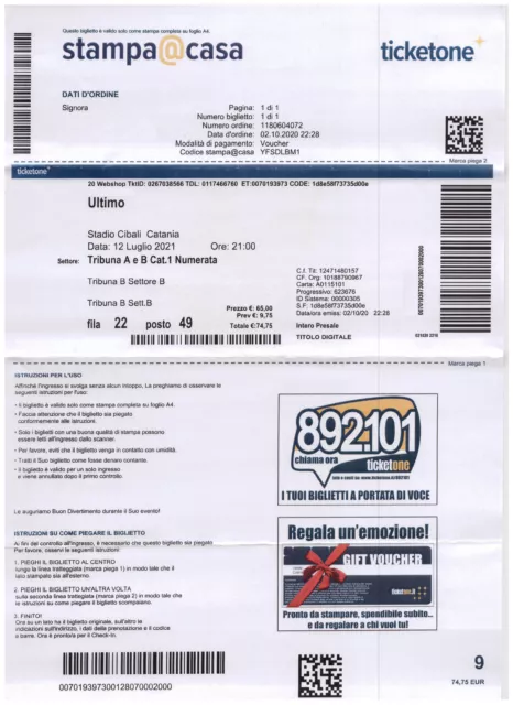 Vendo 3 biglietti nominativi per concerto di Ultimo a Catania 12/07/2022