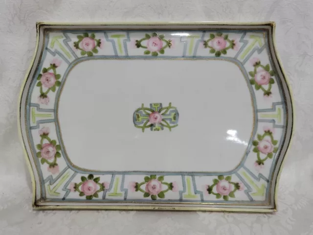 ANTIQUE NIPPON HAND PAINTED Vanity TRAY HP ROSES & GOLD BEADED