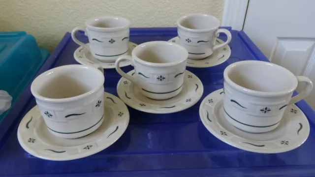 Longaberger Set of 5 WT Heritage Green Pottery Cups and Saucers - Made in USA