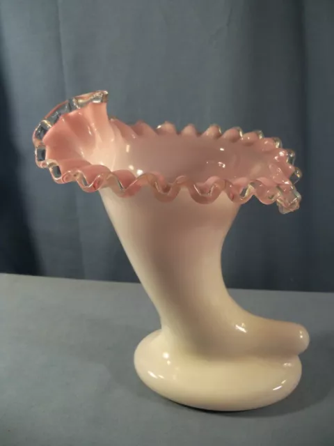 Fenton Milk Glass Pink Interior Peach Crest Large Cornucopia Vase 8 1/2" Tall