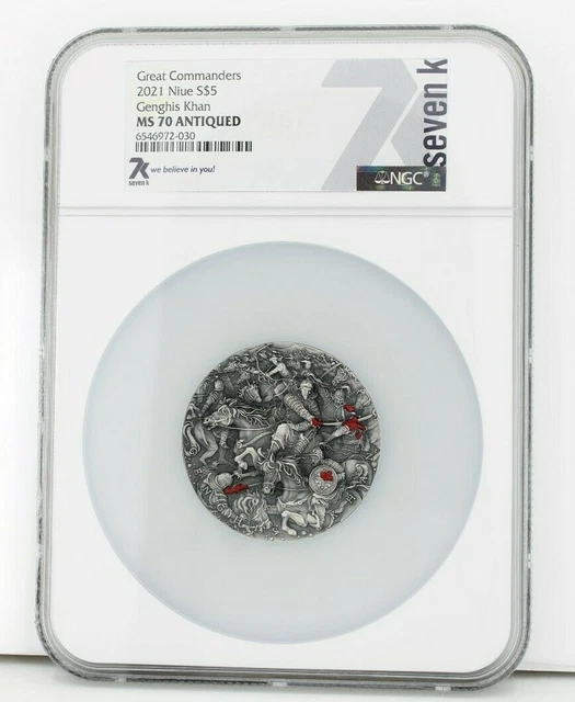 2021 Niue S$5 Great Commanders Genghis Khan MS 70 Antiqued NGC 2 Ounce Silver