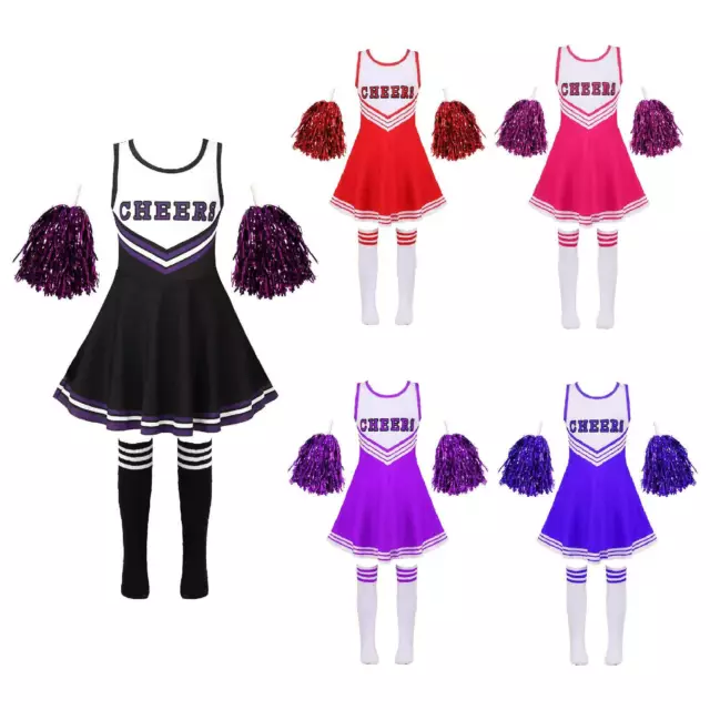 UK Girls Cheerleading Uniform Cosplay Costume Dress with Pom Poms Socks Outfits