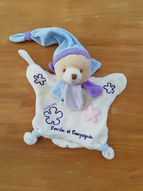 Doudou Et Compagnie Marionnette Ours Maman Blanc Bleu Violet Fleurs pétale