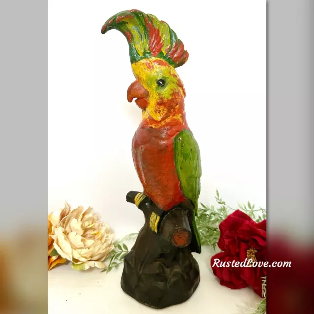 Antique Cast Iron Parrot Doorstop Colorful Cockatoo Painted Bird Door Stop 14"