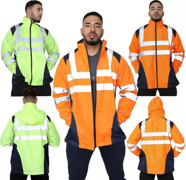 Hi Viz Vis High Visibility Rain Jacket Waterproof Hoodie Work Zip Hooded S 5XL