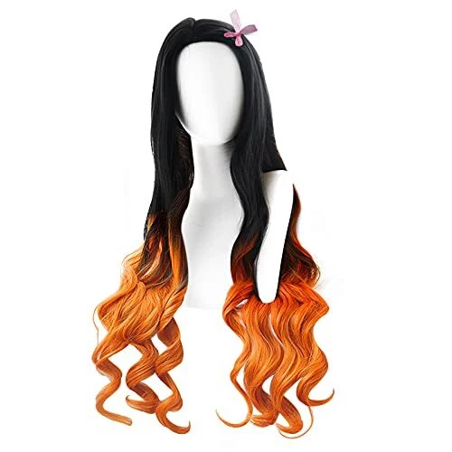 Long Wavy Wig for Kamado Nezuko Cosplay Costume in Anime 'Demon Slayer' 'Kime...