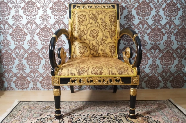 Splendid large armchairs black with gold leaf baroque style from french castle