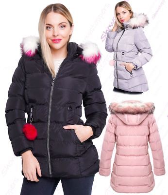 Girls Padded Coat Showerproof Parka Jacket Faux Fur Age 3 5 8 10 11 12 13 Black