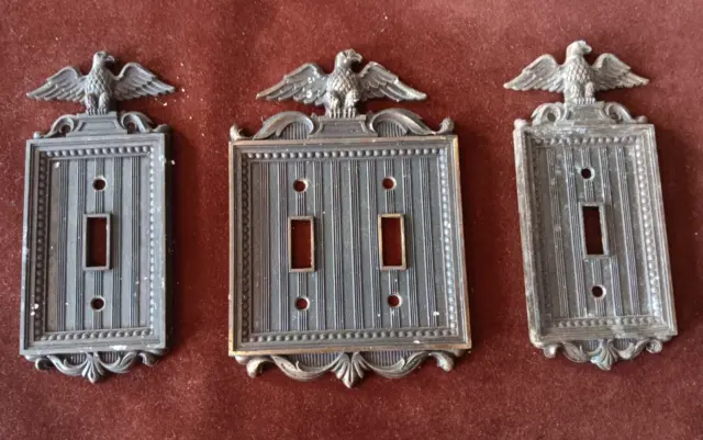 Set of 3 Brass Eagle Light Switch Plate Wall Covers Patriotic 3D VTG, no screws