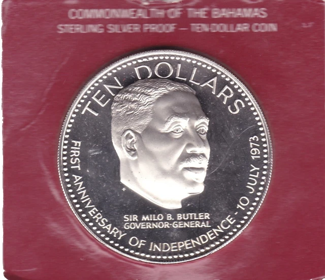 Large  1974   Bahamas Ten  Dollar  Sterling  Silver  Proof  Coin