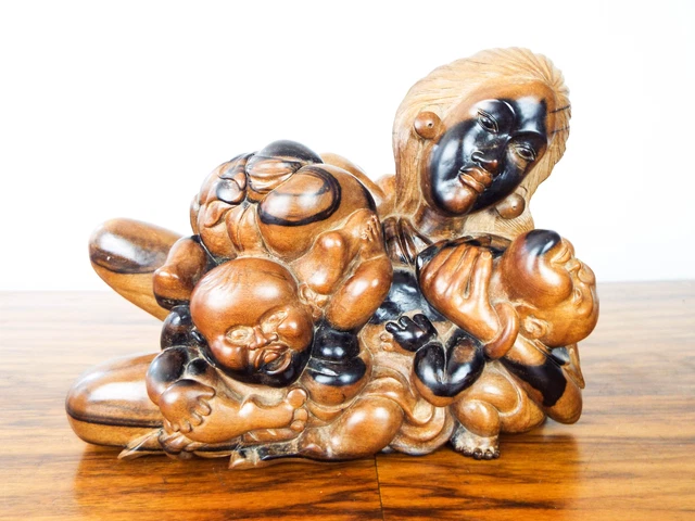 Vintage Suar Wood Carving Statue Signed Art Sculpture Balinese Mother & Child