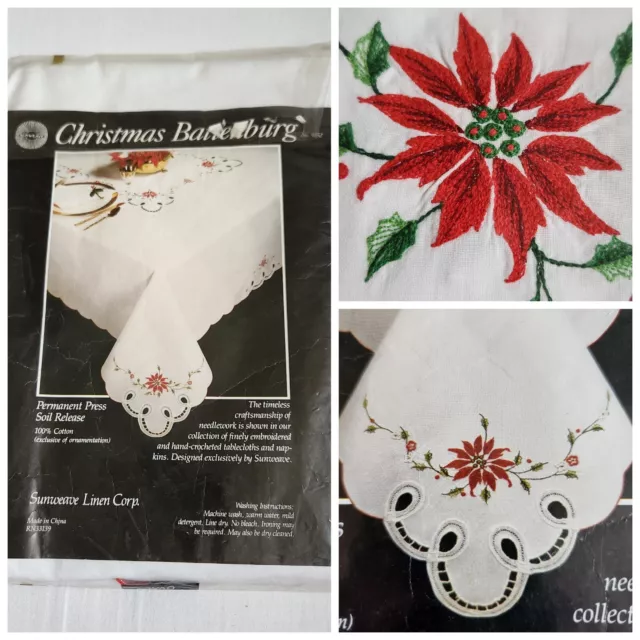 Tablecloth Vtg New Battenburg Lace Embroidered Christmas Poinsettia Oval 65"×86"