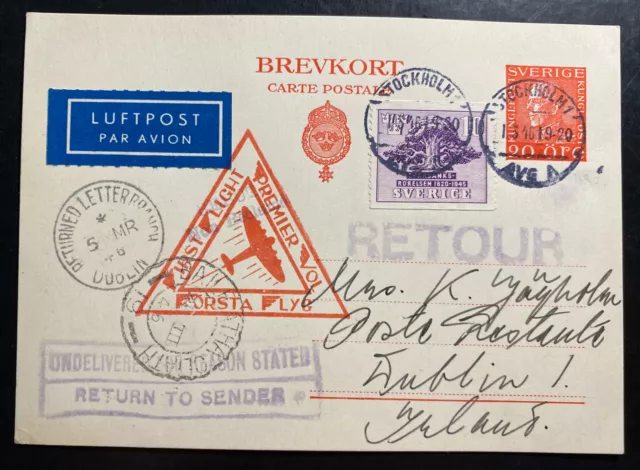 1946 Stockholm Sweden First Flight Postcard Cover To Dublin Ireland ABA
