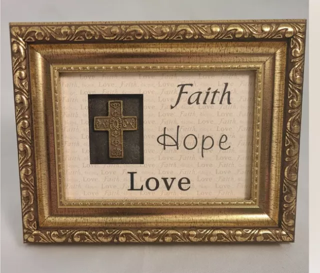 Beautiful Ornate Gold Wooden Framed Religious Faith Hope Love Picture 7" x 5.5" 2