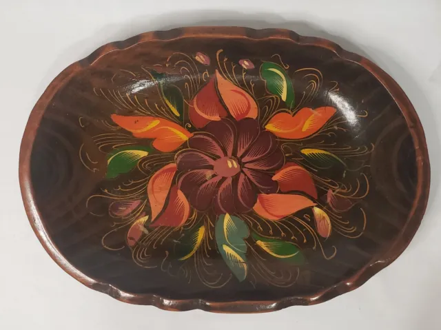 Vintage Mexican Folk Art Wood Hand Painted Floral Batea Bowl Decor