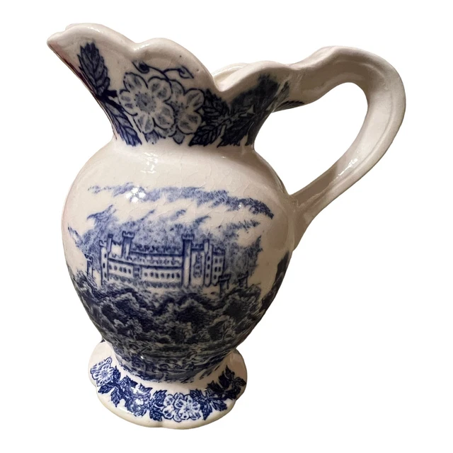 VTG Blue & White Transfer Ware Small Creamer Pitcher Victorian  House Print