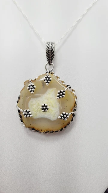 Drusy Agate Quartz "LIGHT YELLOW" Pendant 2.25" 925 Sterling Silver w/ Chain 20"
