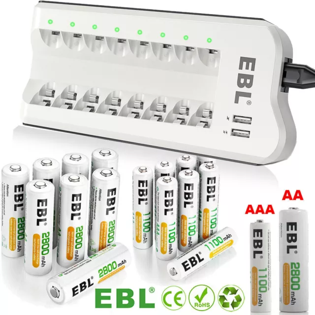 Lot EBL AAA AA 1100 2800mAh Ni-MH Rechargeable Batteries + 8 Slot Charger W/ USB