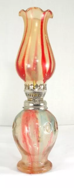 Vintage 1971 Red & Green Brass Primitive Oil Lamp,  10" Tall, Made in Hong Kong