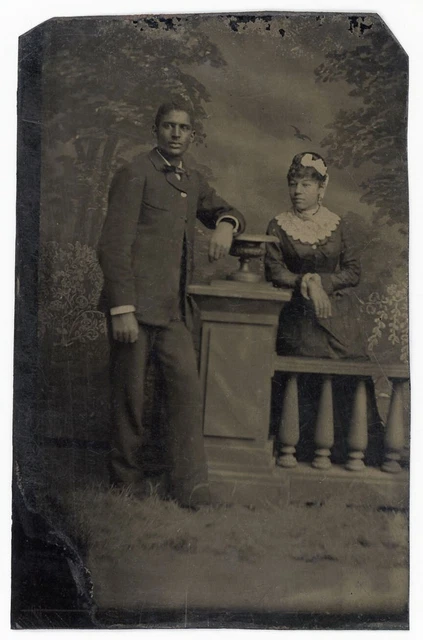 African American Black Couple Painted Bird Flies Above Woman Rare Tintype Photo