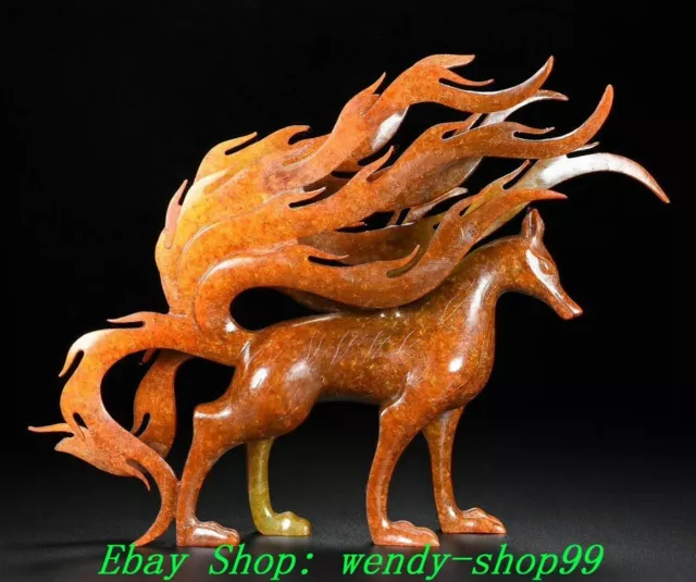 Top 100% Pure Natural Hetian Old Jade Hand Carving Nine Tails Fox Animal Statue