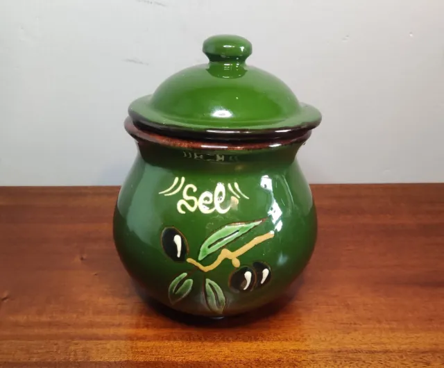 French Vintage Sel Pottery Jar / Vase With Hand Painted Olive Branch