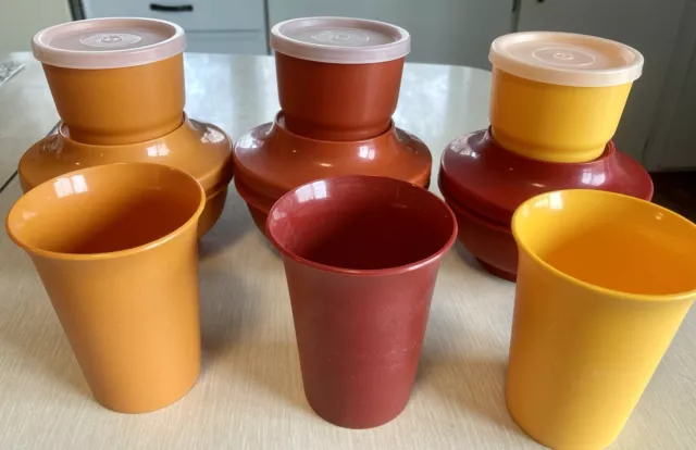tupperware vintage lot harvest colors 3 cups, bowls w/lids and condiments w/lids