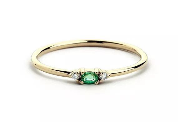 Ct Oval Emerald Simulated Diamond 3 Stone Engagement Ring 14k Yellow Gold Silver