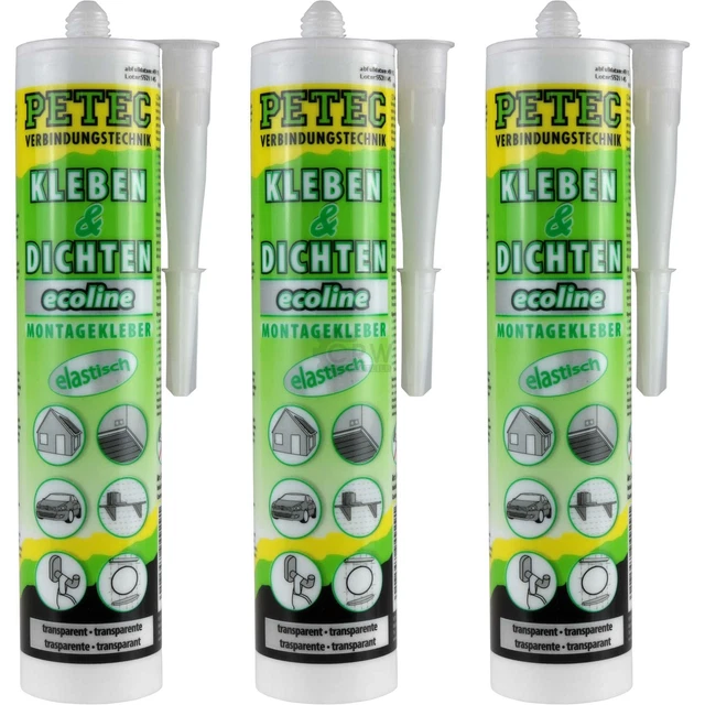 3x Petec Attaccarecolla & Guarnizione Colla-Montaggio Ecoline Trasparente 290ml