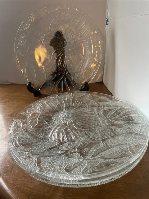 Vintage KIG Malaysia Embossed Textured Glass Hibiscus Flowers Dinner Plates x 4 Vintage KIG Malaysia Embossed Textured Glass Hibiscus Flowers Dinner Plates x 4