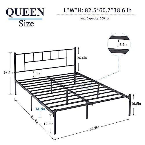 METAL PLATFORM BED Frame with Headboard, Heavy Queen Dark Black