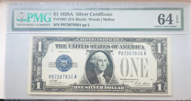 1928A $1 Silver Certificate Funnyback Fr.1601 PA Block PMG 64 EPQ S/N P87307836A