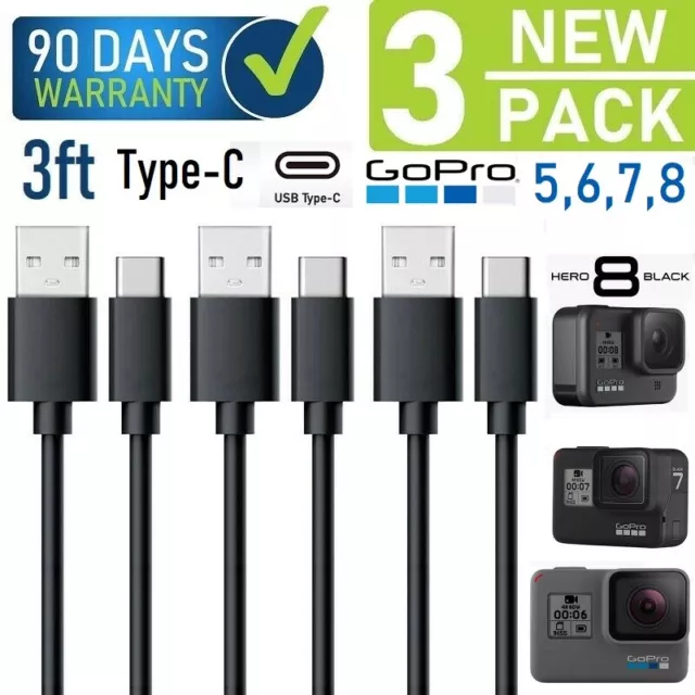 3-Pack GoPro Hero Black 5,6,7 session Camera 3ft USB-C Data Sync /Charger Cable
