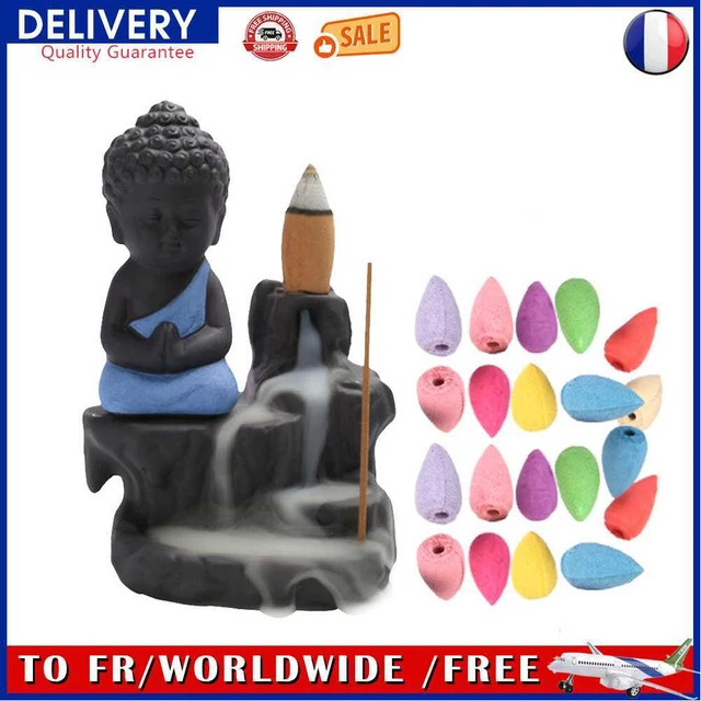 20pcs Incense Cones 1pcs Burner Buddha Waterfall Backflow Stove (Blue)