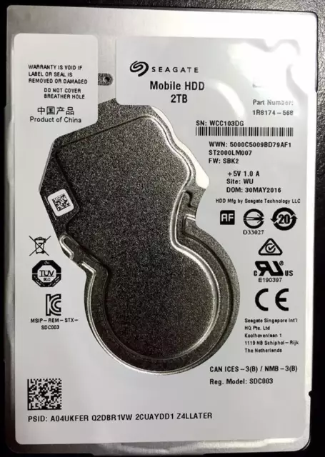 Seagate Mobile ST2000LM007 2 TB 2.5" SATA 6Gb/s Laptop PS4 Hard Drive Thin 7mm