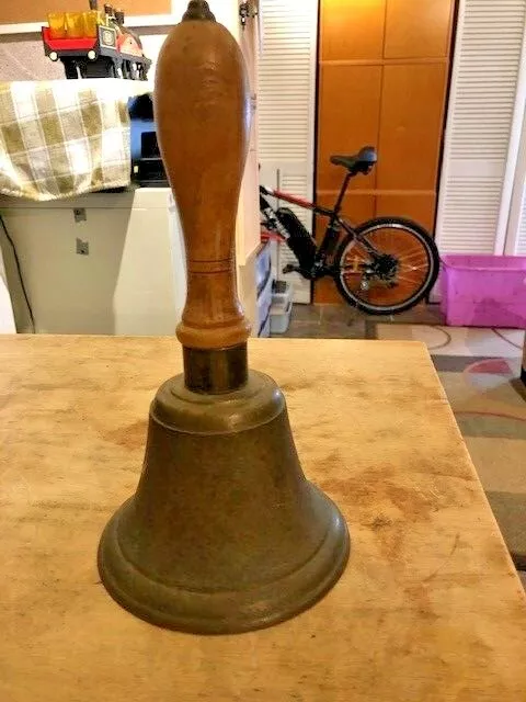 Large Antique Brass School House Bell Wooden Handle 10" Tall