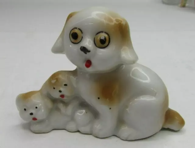 VTG Porcelain Bug Eyed Momma Dog and Pups Japan 1940's