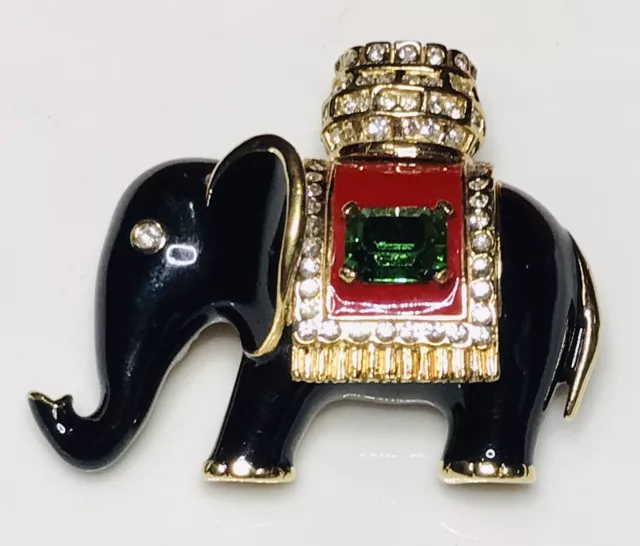 Rare! Vintage Signed CINER Black Enamel Elephant Brooch Pin Emerald Rhinestone