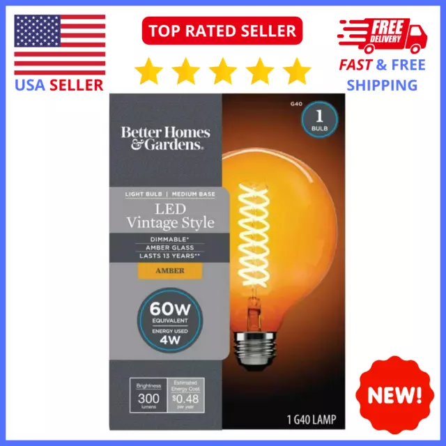 Better Homes & Gardens LED Vintage Light Bulb, G40 60W Amber Spiral Dimmable