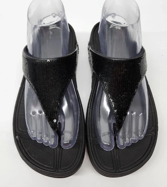FITFLOP Electra Women's Size 7 Black Sequins Thong Wobbleboard Sandals 034-001