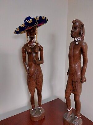 set of two old vintage hand carved genuine wooden figurine man and woman