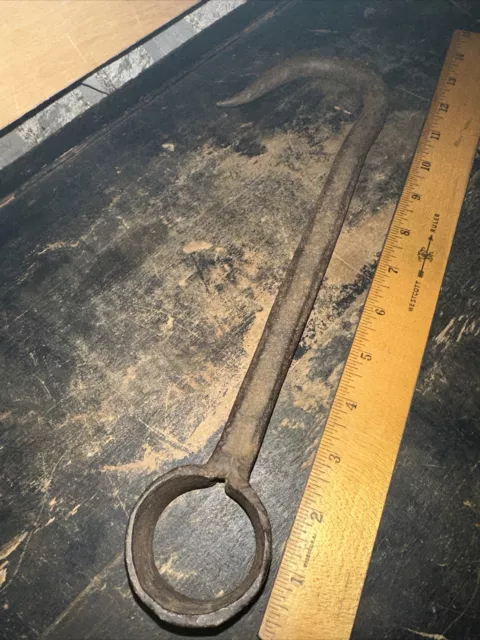 Antique Primitive Hand Forged Iron Farm Tool Hook 13” Long