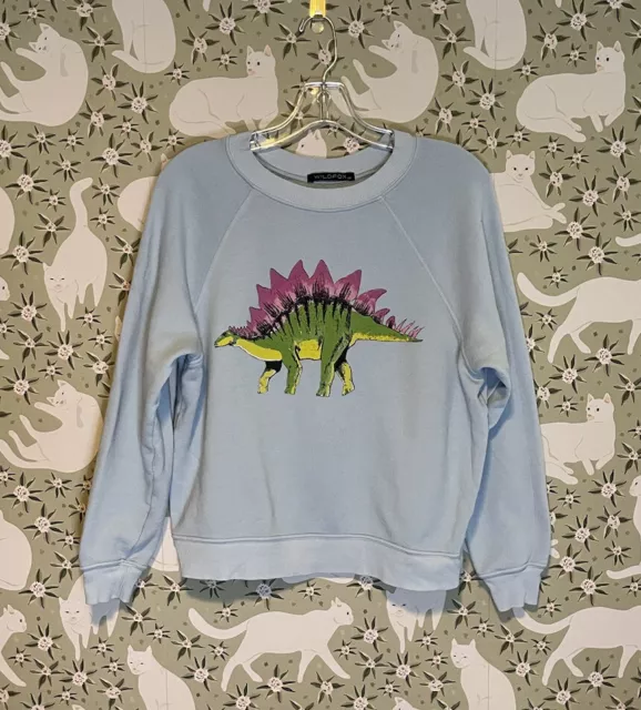 Wildfox Stegosaurus Dinosaur Graphic Baby Blue Soft Sweatshirt Sz XS