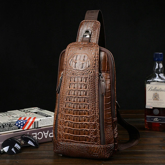 Men's Leather Crocodile Sling Single Shoulder Crossbody Bag Messenger Bag Brown