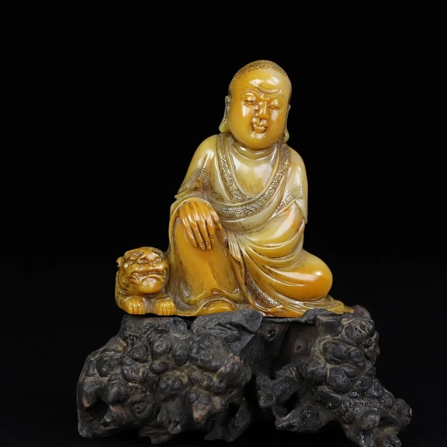 Chinese Exquisite Handmade Arhat Carving Shoushan Stone Statue