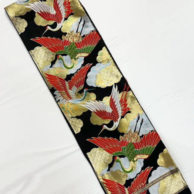 Japanese Kimono Fukuro Obi Black Back Gold Crane Obi Belt