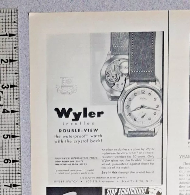 1954 Wyler Watch Vintage 1/4 Page Print Ad Inca Flex Crystal Front Back Time B&W